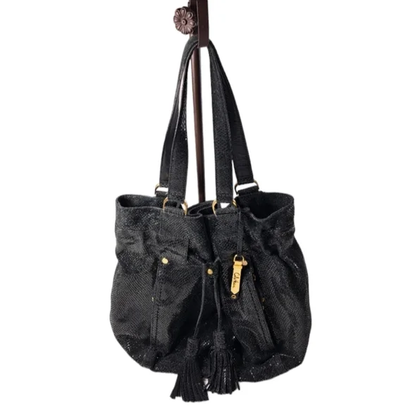 Cole Haan Women's Black Shoulder Bag Shiny Snake Skin Drawstring - Picture 15 of 16